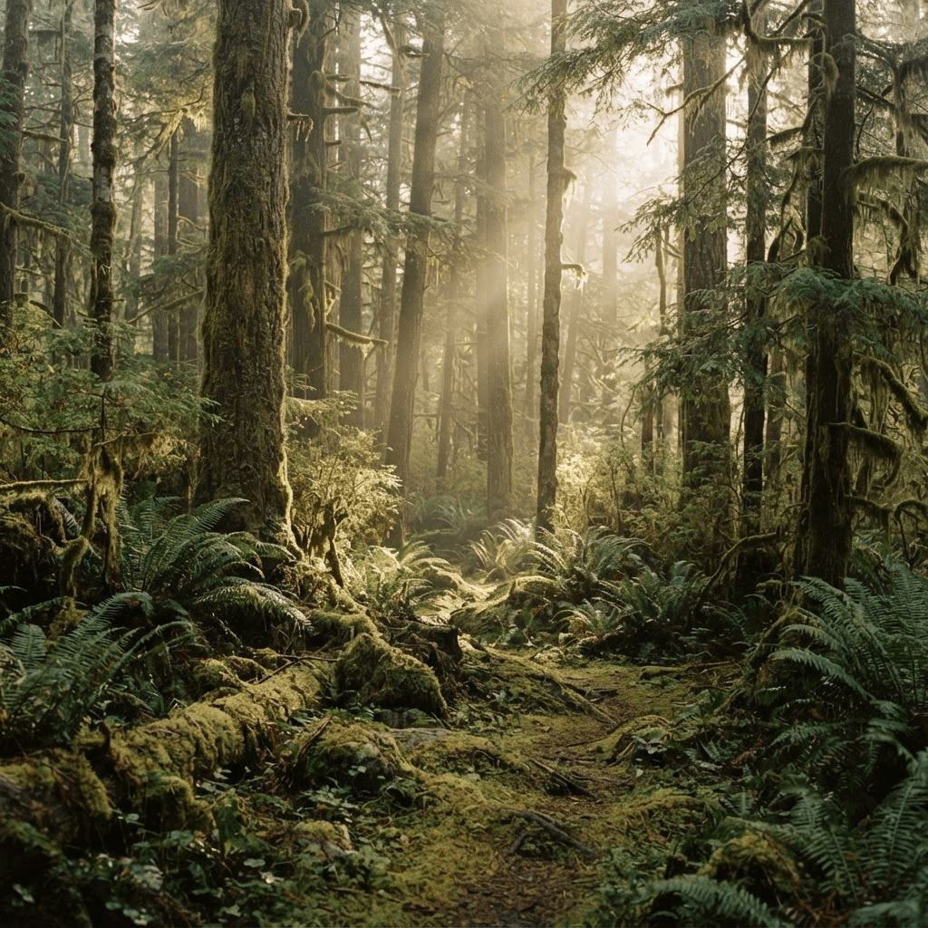 Light moving through an old forest